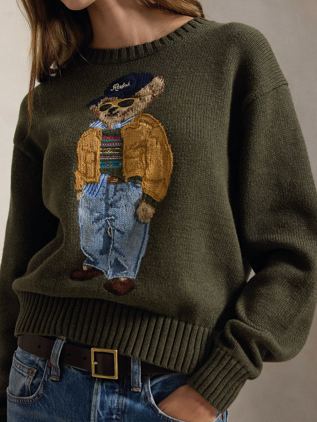 2026 New Arrival Maglione In Misto Lino e Cotone con Polo Bear Oliva