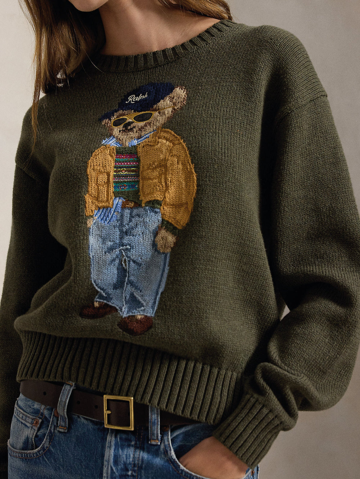 2026 New Arrival Maglione In Misto Lino e Cotone con Polo Bear Oliva