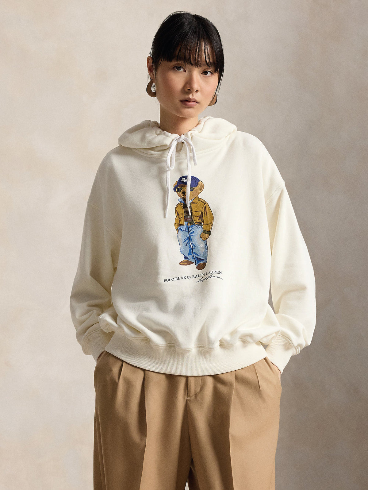 2026 New Arrival Felpa con Cappuccio con Stampa Polo Bear Crema