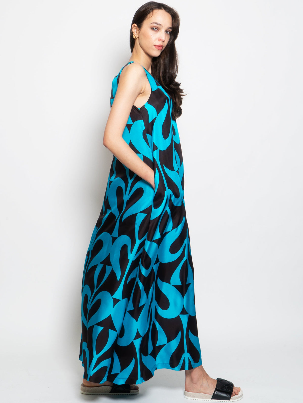 2026 New Arrival Abito Lungo in Seta Turchese/Marrone