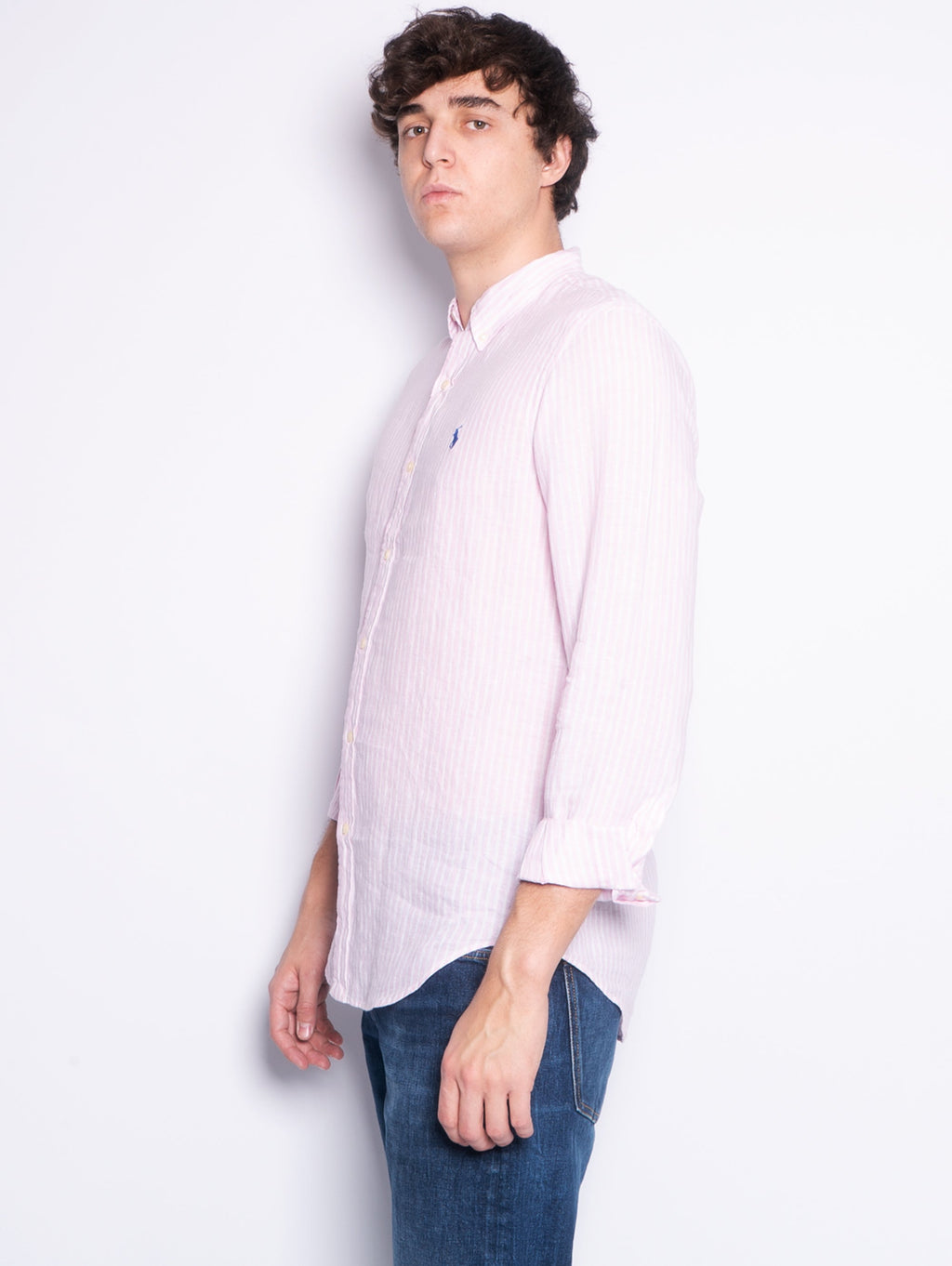2026 New Arrival Camicia in Lino a Righe Slim Fit Rosa/Bianco