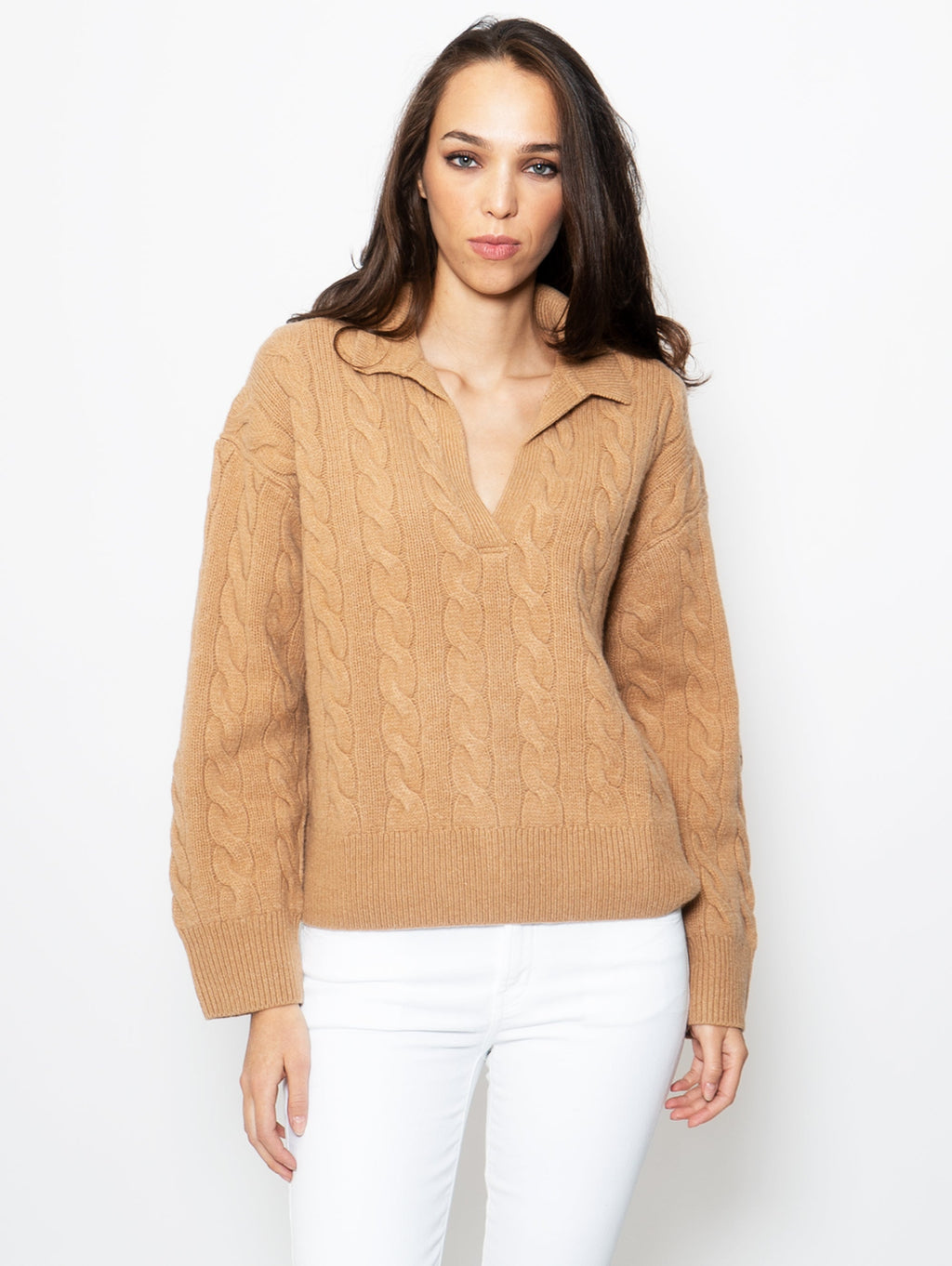 2026 New Arrival Maglia a Trecce con Scollo a Polo Cammello