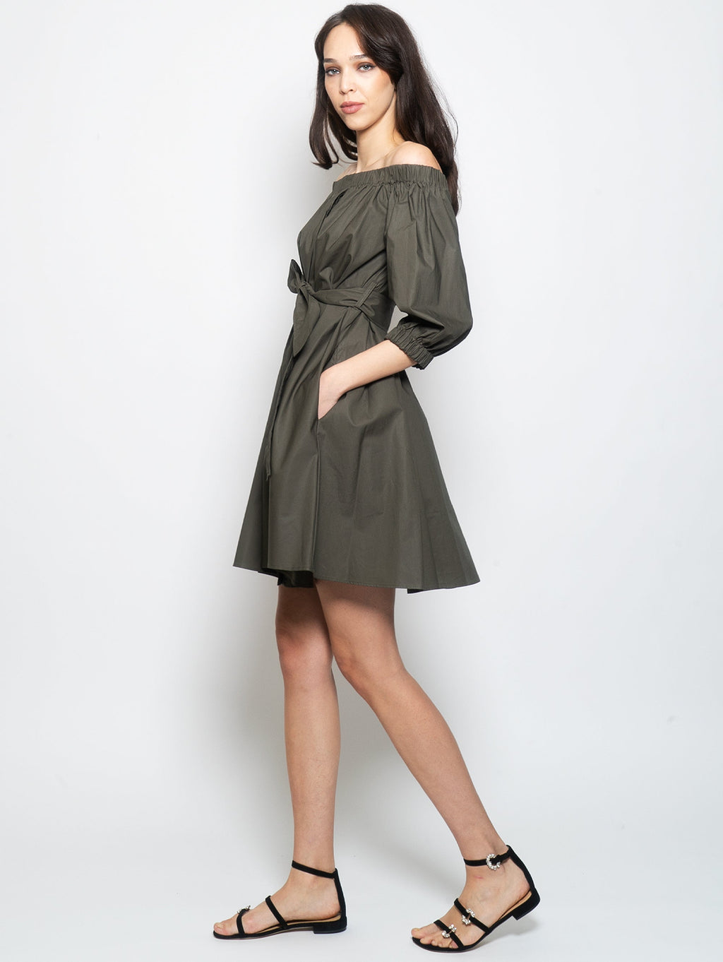 2026 New Arrival Abito Corto a Pieghe in Cotone Verde