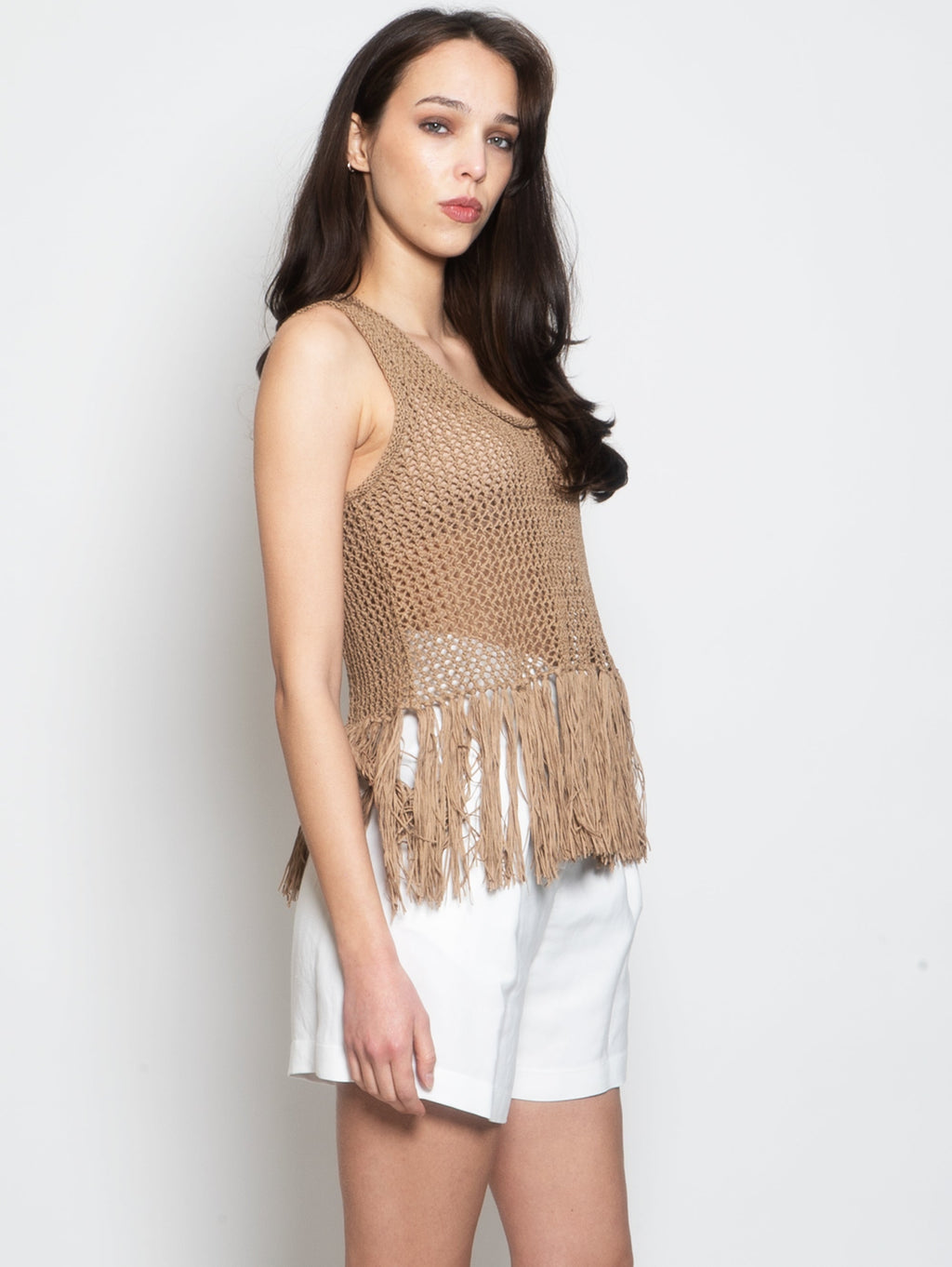 2026 New Arrival Top in Maglia Crochet con Frange Sabbia