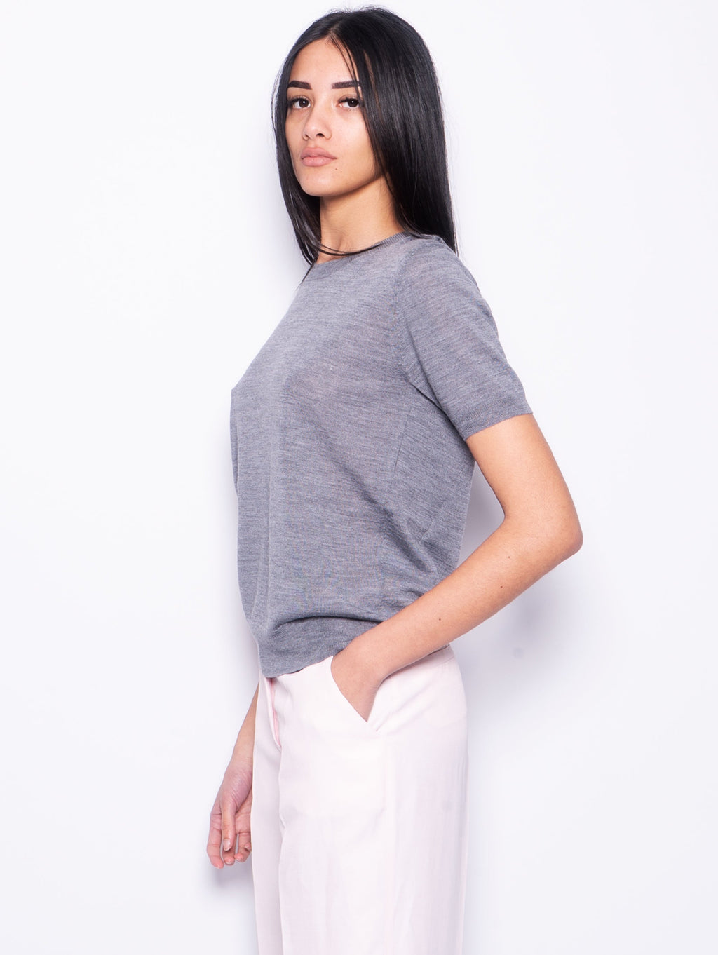 2026 New Arrival Maglia in Misto Lana con Maniche Corte Grigio Mélange Chiaro