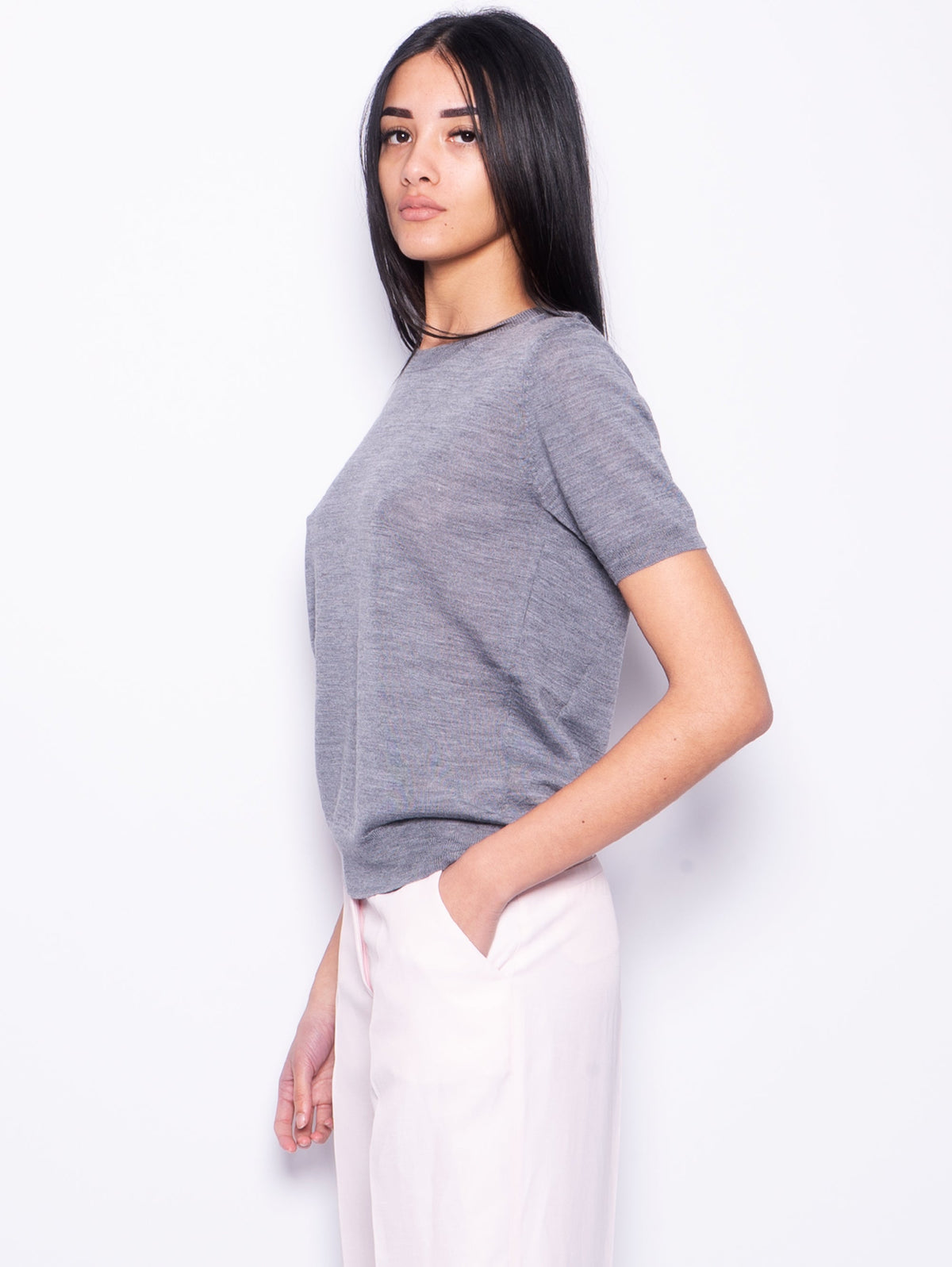 2026 New Arrival Maglia in Misto Lana con Maniche Corte Grigio Mélange Chiaro