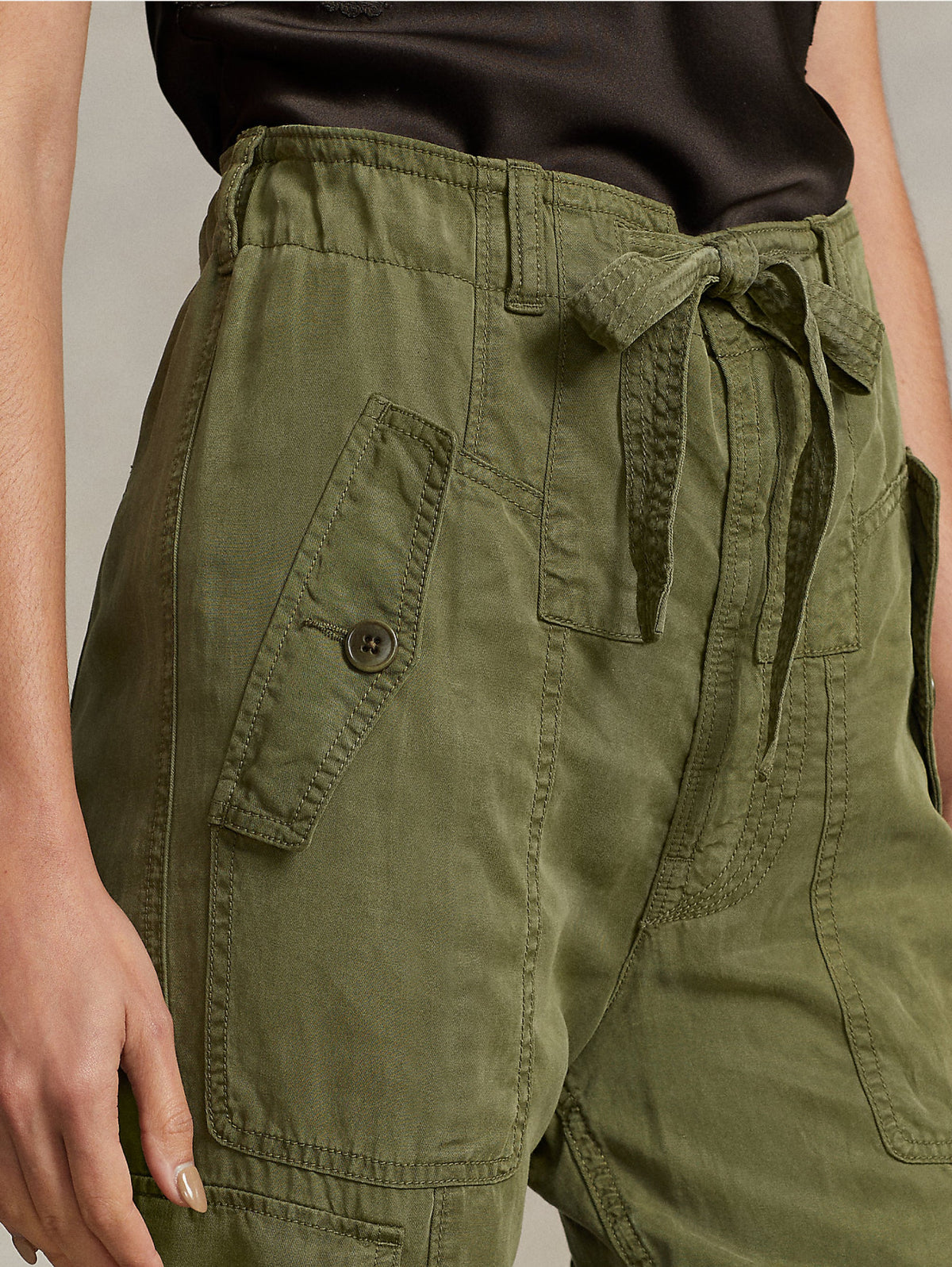 2026 New Arrival Pantaloni Cargo con Cinta in Misto Lino Verde Oliva