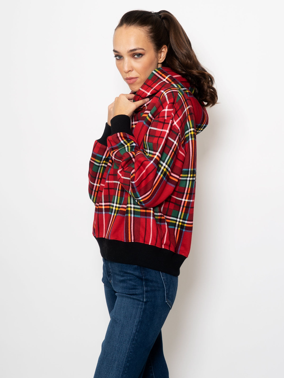 2026 New Arrival Felpa Scozzese con Cappuccio Rosso
