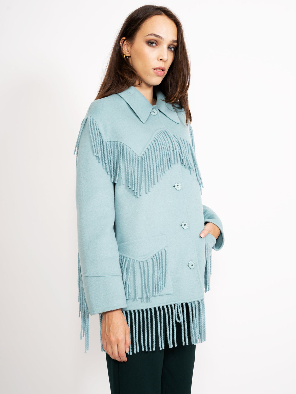 2026 New Arrival Overshirt in Lana con Frange Verde Acqua