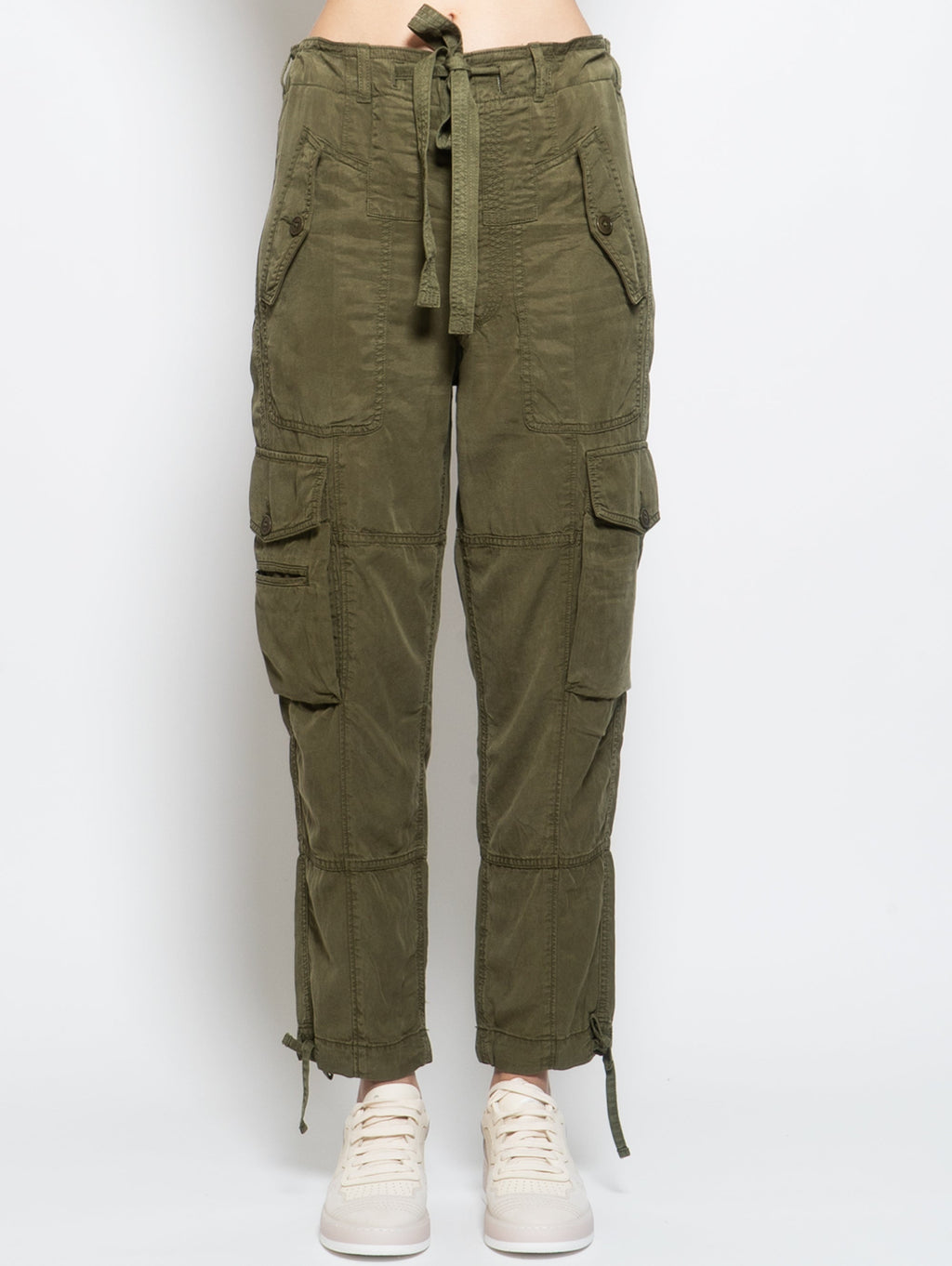 2026 New Arrival Pantaloni Cargo con Cinta in Misto Lino Verde Oliva