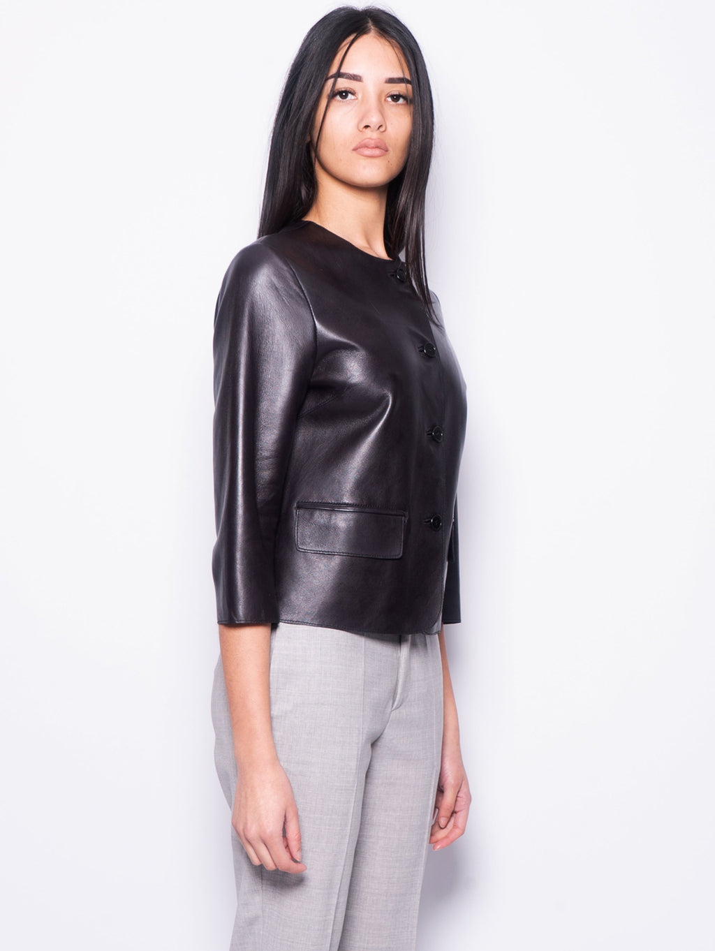 2026 New Arrival Giacca in Pelle con Scollo Tondo Nero