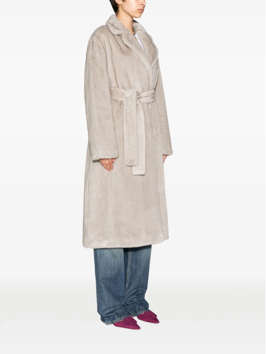 2026 New Arrival Cappotto con Cintura in Eco Pelliccia Grigio