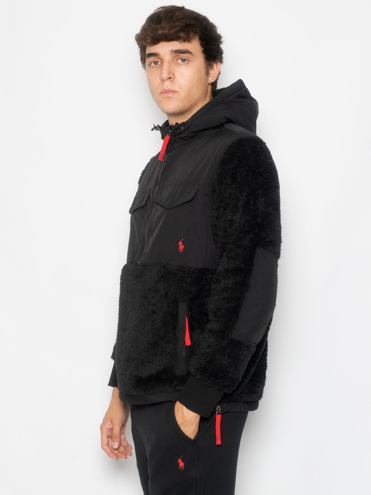 2026 New Arrival Felpa in Pile con Cappuccio e Mezza Zip Nero