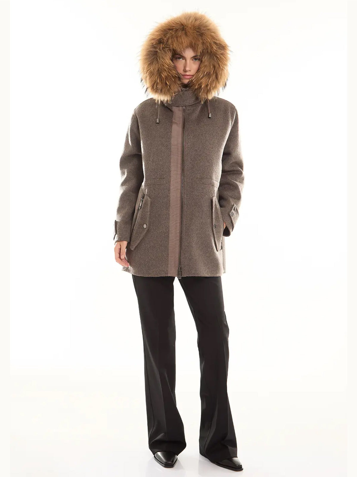 2026 New Arrival Cappotto con Cappuccio in Double di Lana Marrone