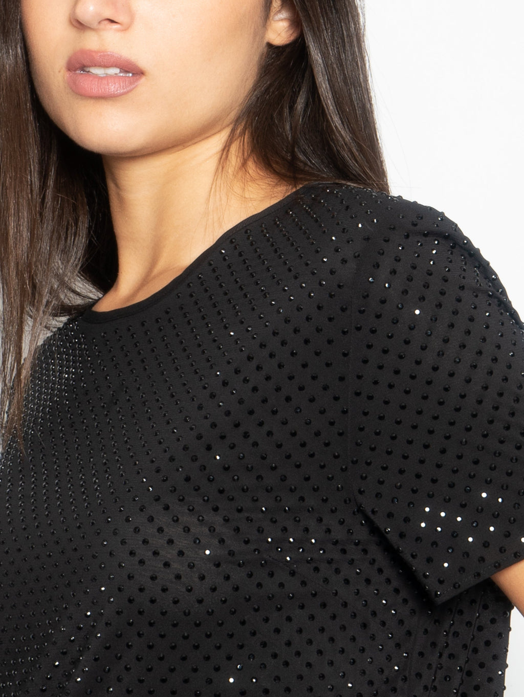 2026 New Arrival T-shirt con Strass Applicati Nero