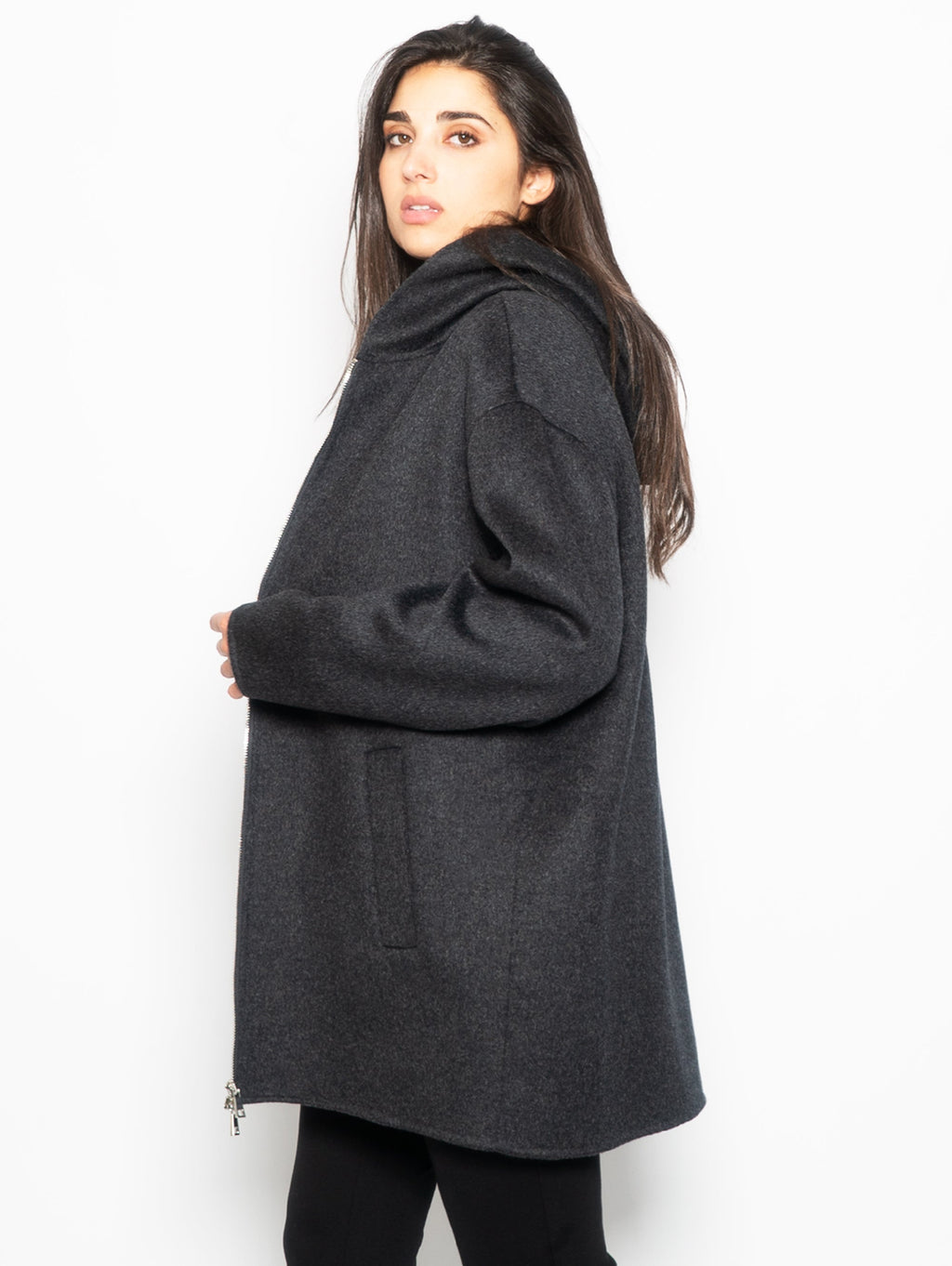 2026 New Arrival Cappotto con Zip in Panno di Lana Antracite