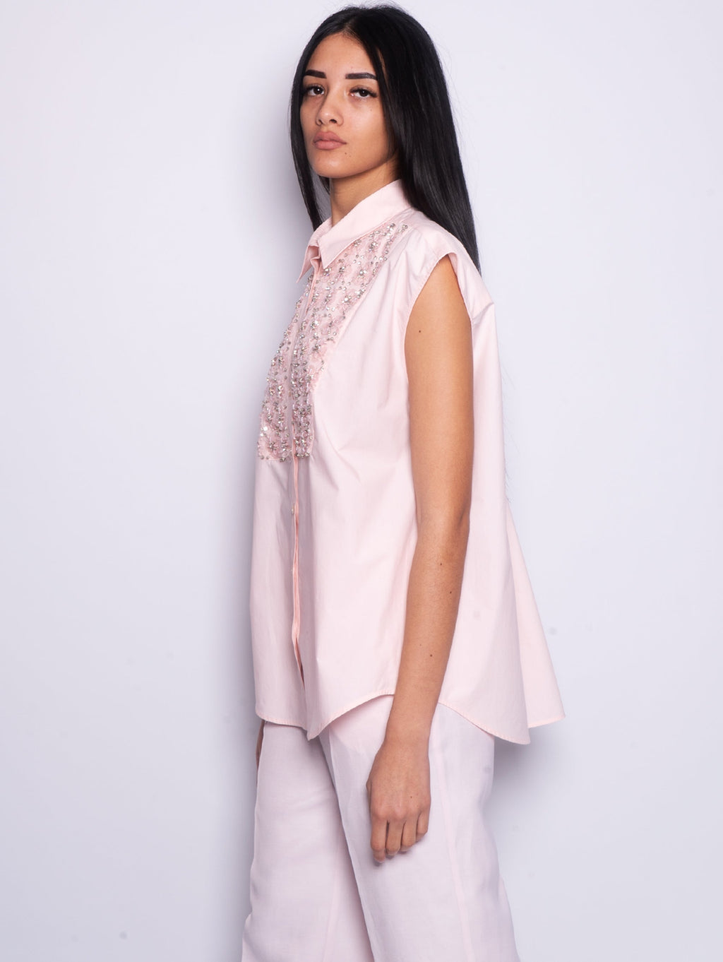 2026 New Arrival Camicia con Ricamo in Cristalli e Paillettes Fior di Pesco