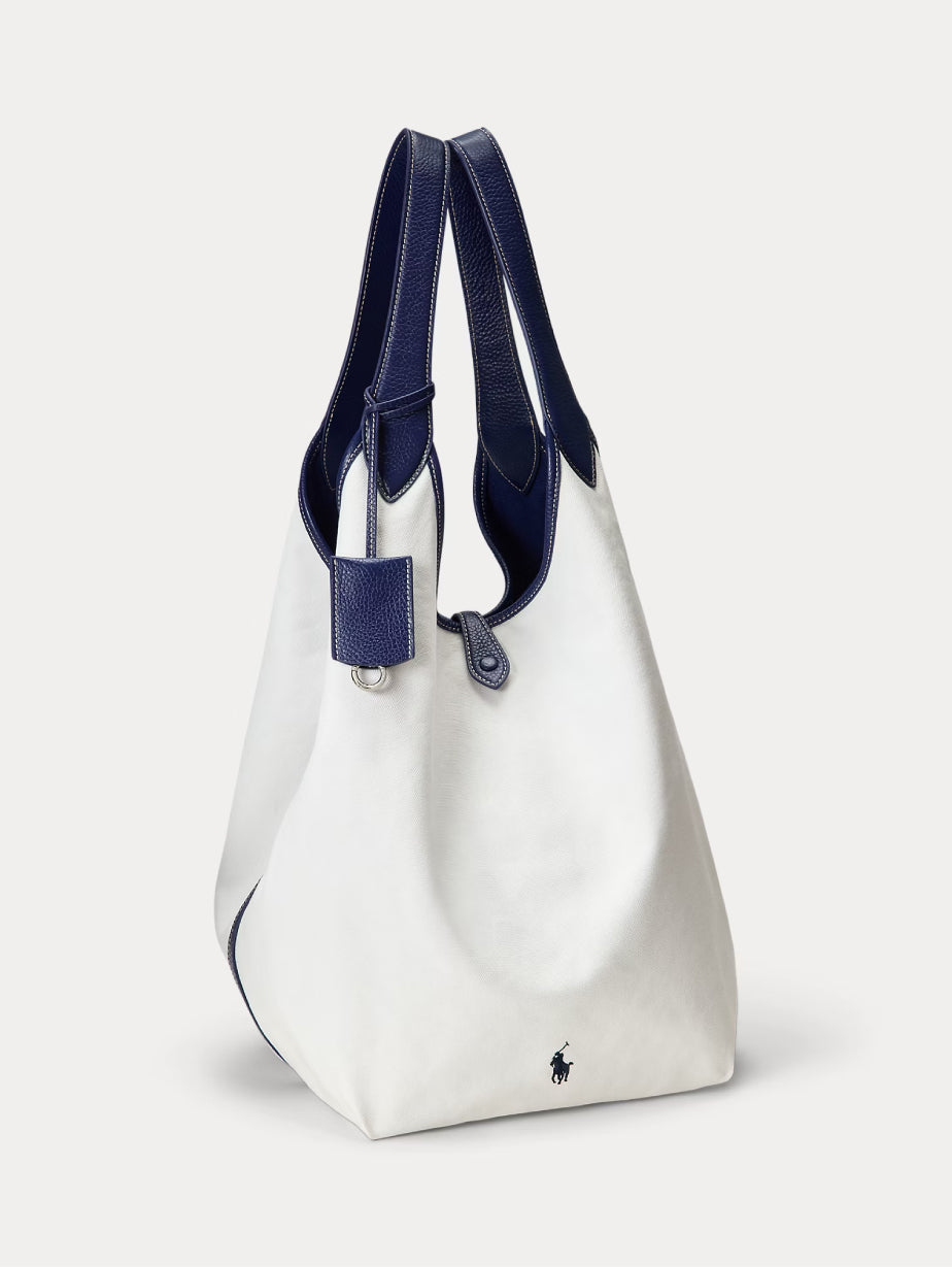 2026 New Arrival Borsa Tote Grande in Cotone e Pelle Bianco/Blu