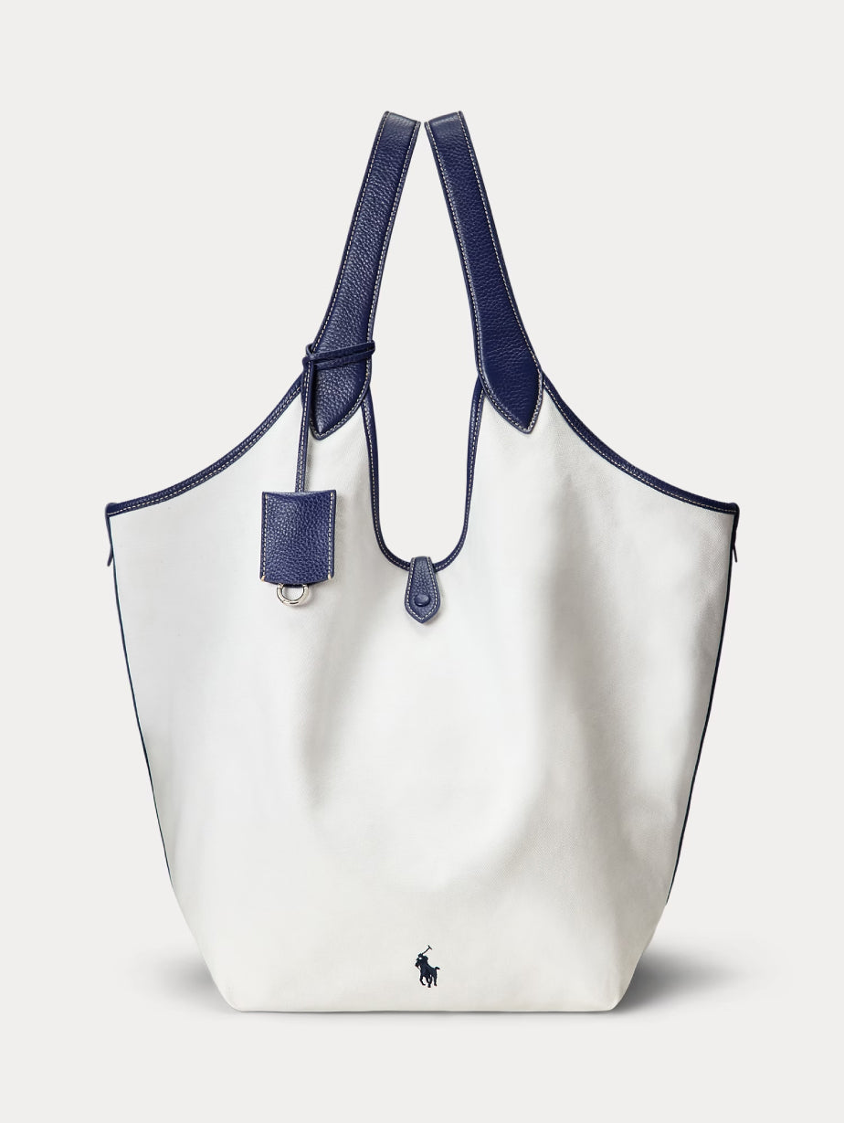 2026 New Arrival Borsa Tote Grande in Cotone e Pelle Bianco/Blu