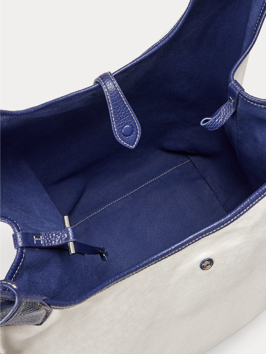 2026 New Arrival Borsa Tote Grande in Cotone e Pelle Bianco/Blu