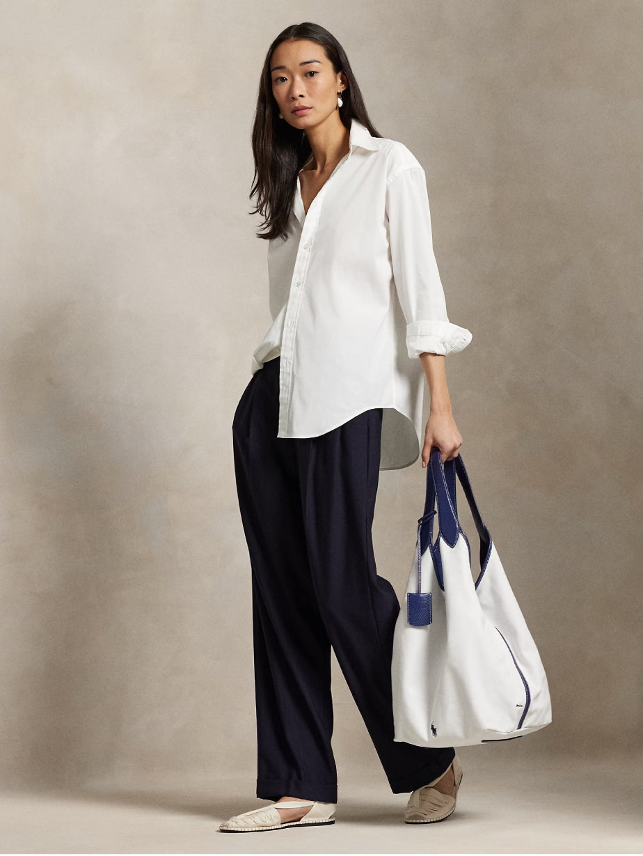 2026 New Arrival Borsa Tote Grande in Cotone e Pelle Bianco/Blu