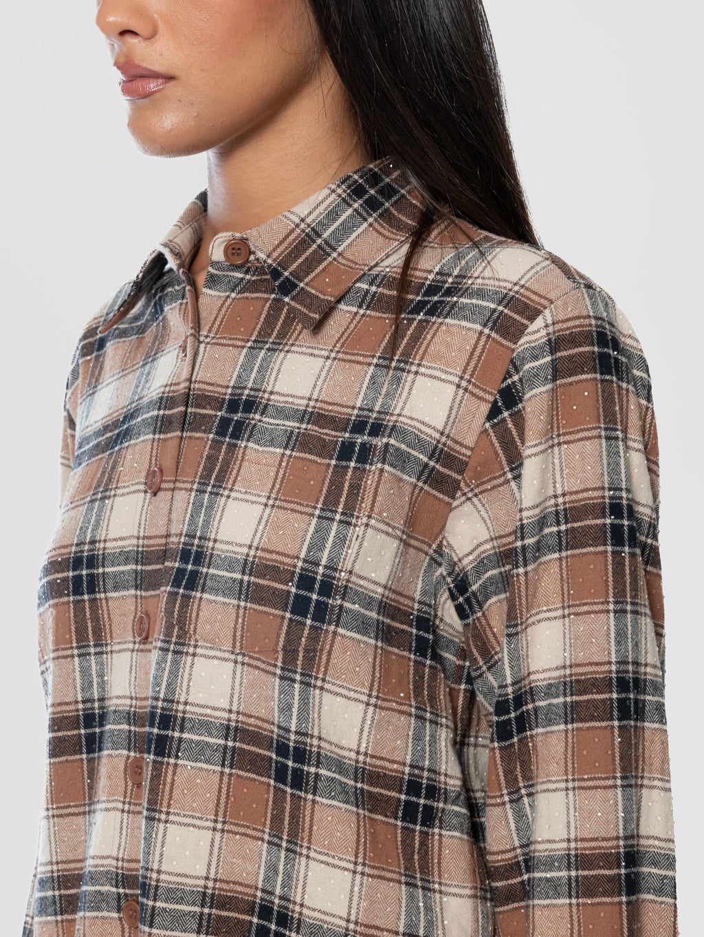 2026 New Arrival Camicia a Quadri in Flanella con Strass Marrone