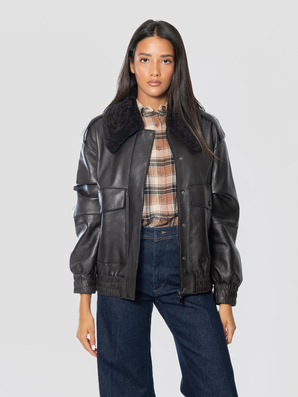 2026 New Arrival Bomber Pilot in Pelle con Collo Furry Testa di Moro