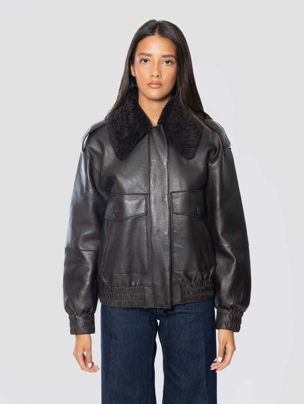 2026 New Arrival Bomber Pilot in Pelle con Collo Furry Testa di Moro