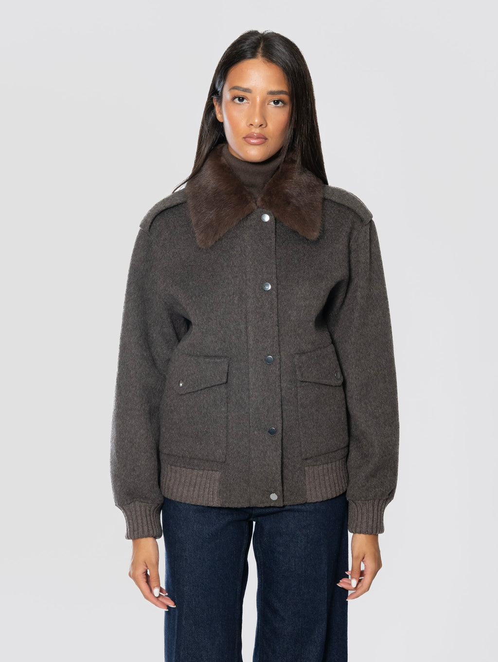 2026 New Arrival Bomber Pilot in Lana con Colletto in Pelliccia Marrone