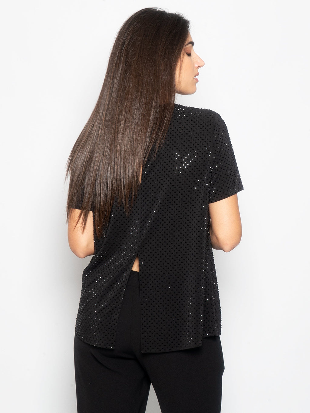 2026 New Arrival T-shirt con Strass Applicati Nero