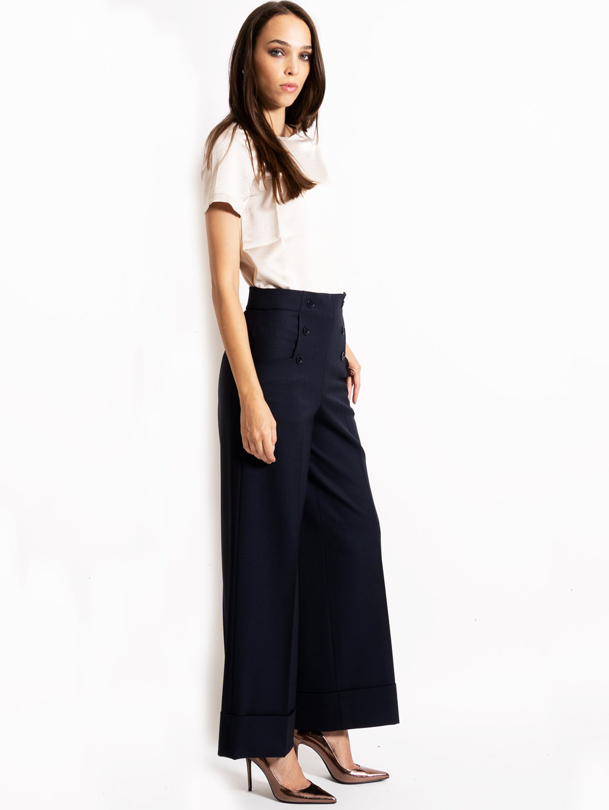 2026 New Arrival Pantaloni Palazzo con Bottoni Blu