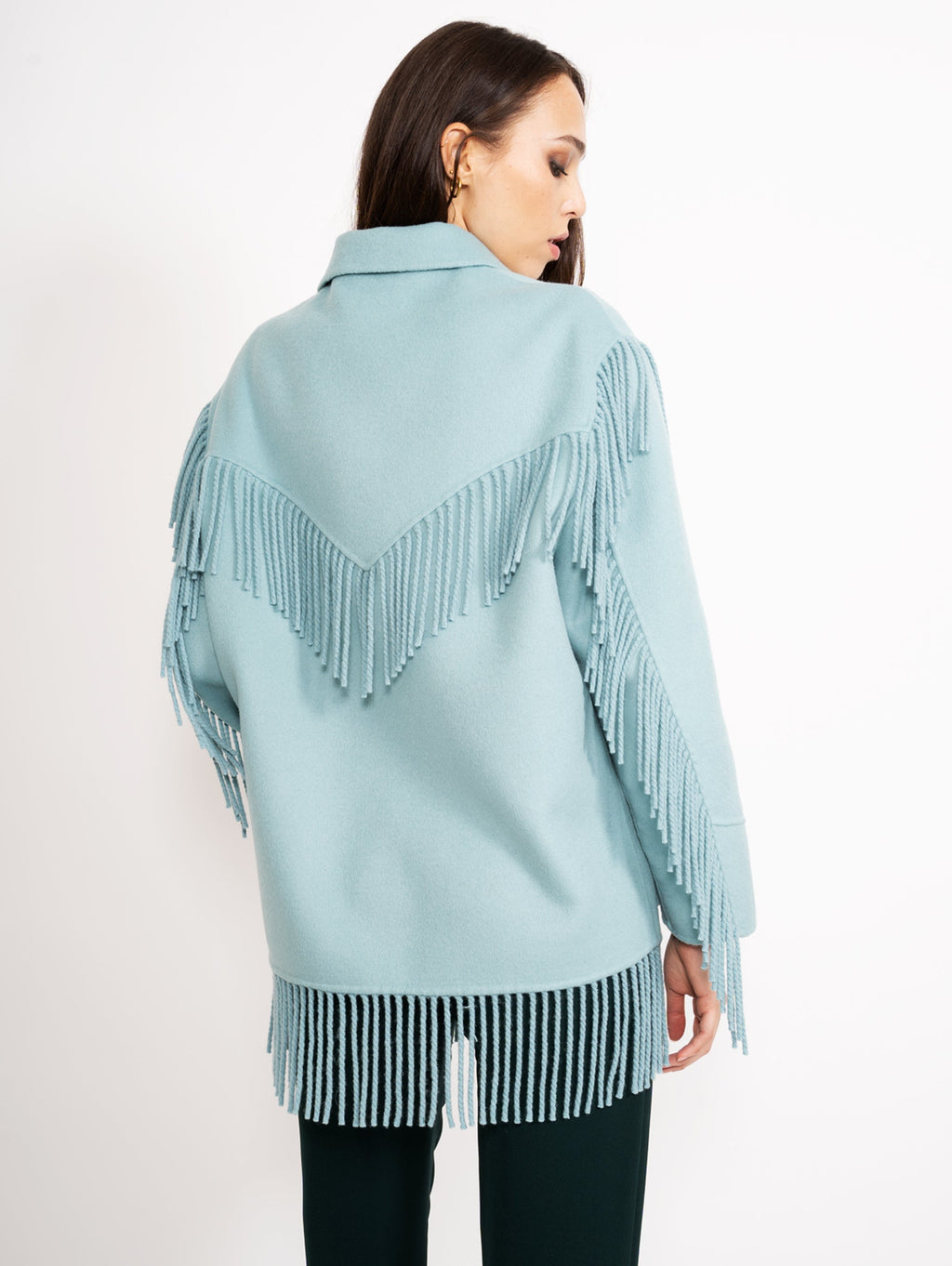 2026 New Arrival Overshirt in Lana con Frange Verde Acqua