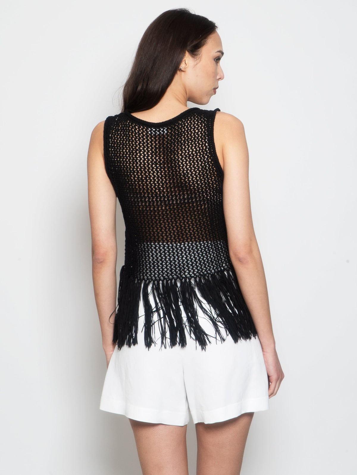 2026 New Arrival Top in Maglia Crochet con Frange Nero