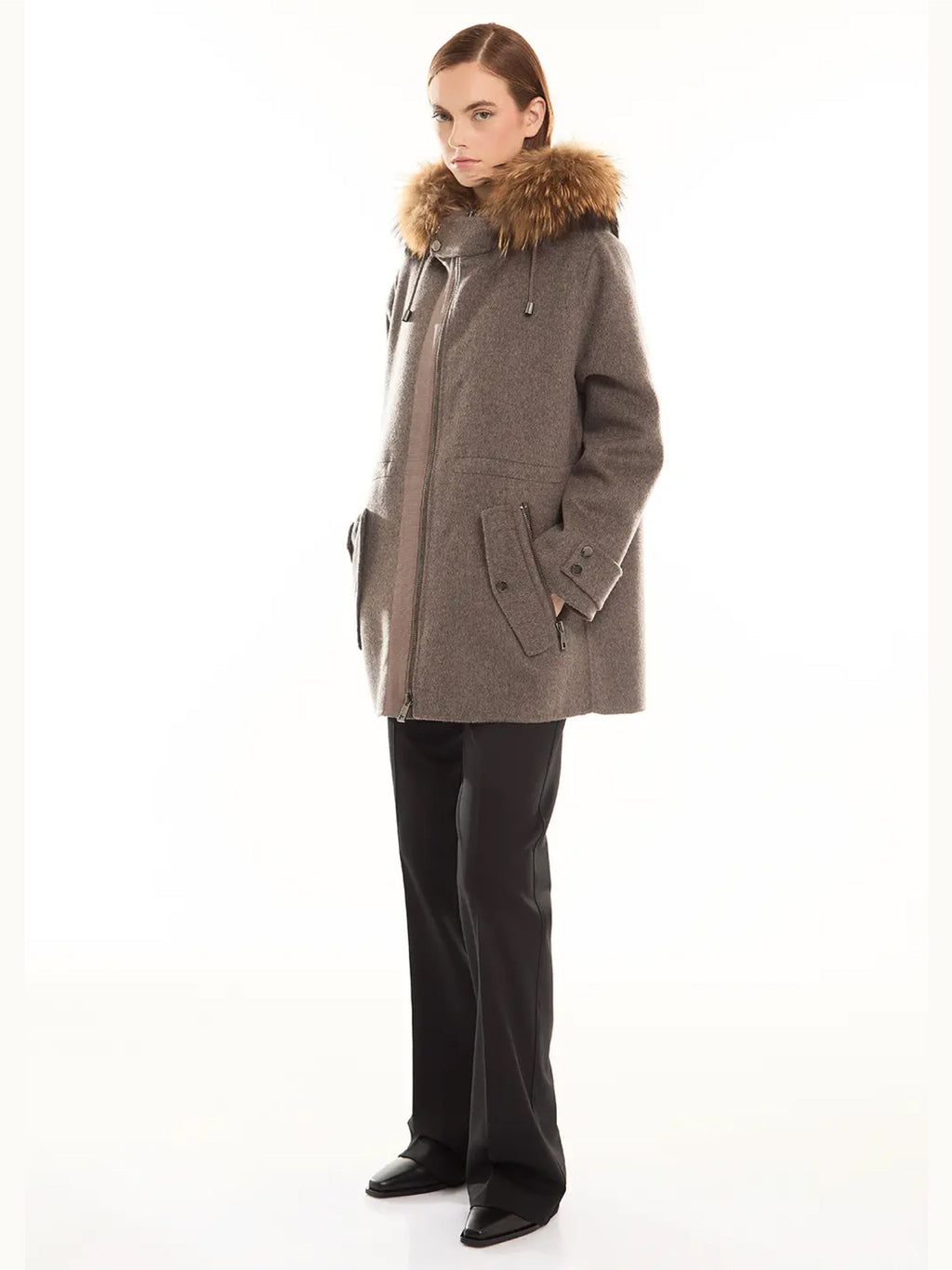 2026 New Arrival Cappotto con Cappuccio in Double di Lana Marrone