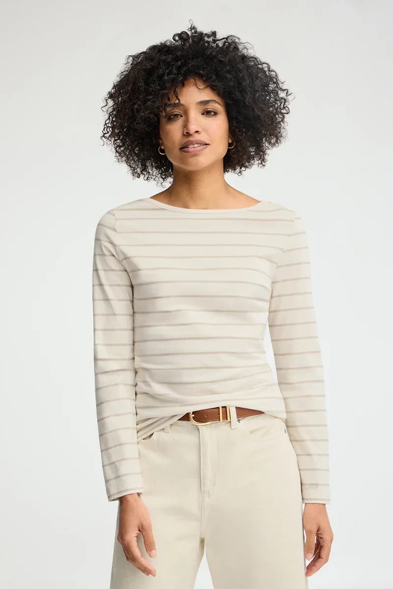 2026 New Arrival Striped T-shirt in cream and light brown with boat neck and Polo Club logo