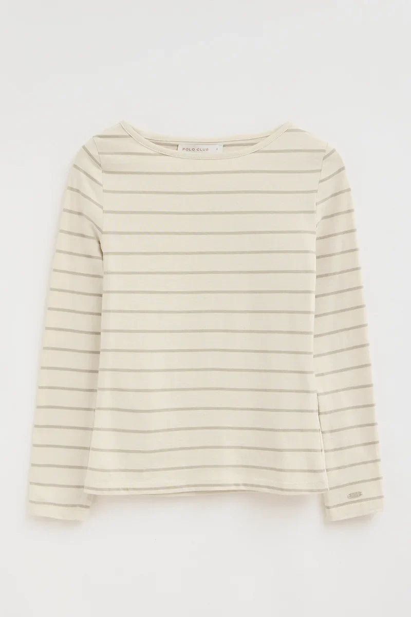 2026 New Arrival Striped T-shirt in cream and light brown with boat neck and Polo Club logo