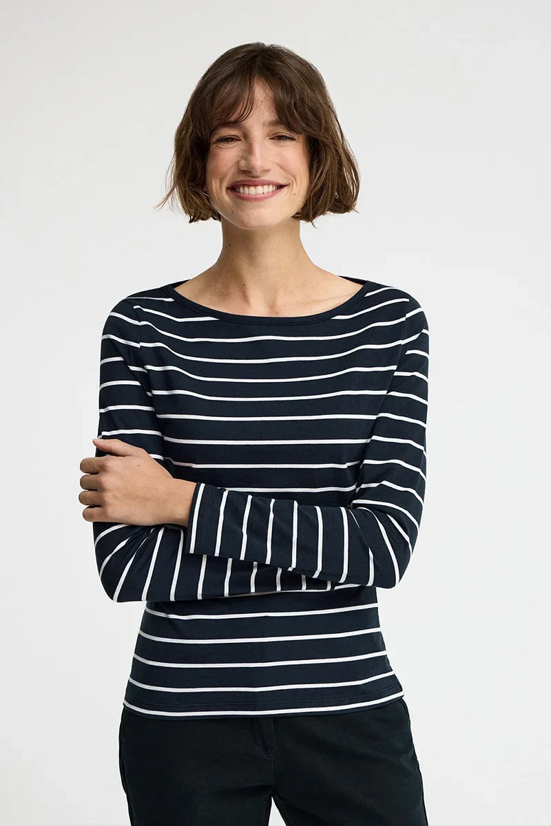 2026 New Arrival Striped T-shirt in navy blue and white with boat neck and Polo Club logo