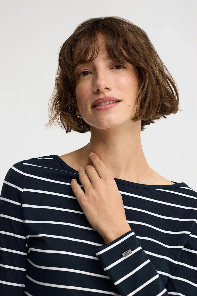 2026 New Arrival Striped T-shirt in navy blue and white with boat neck and Polo Club logo