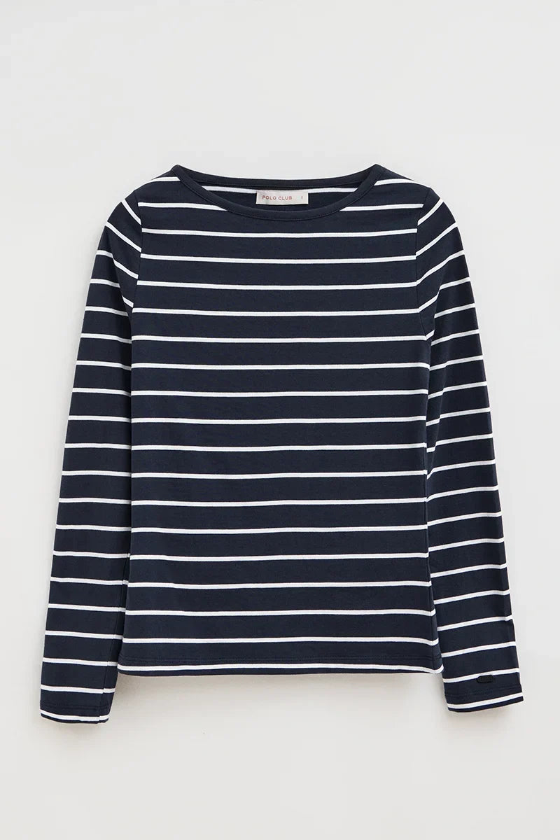 2026 New Arrival Striped T-shirt in navy blue and white with boat neck and Polo Club logo
