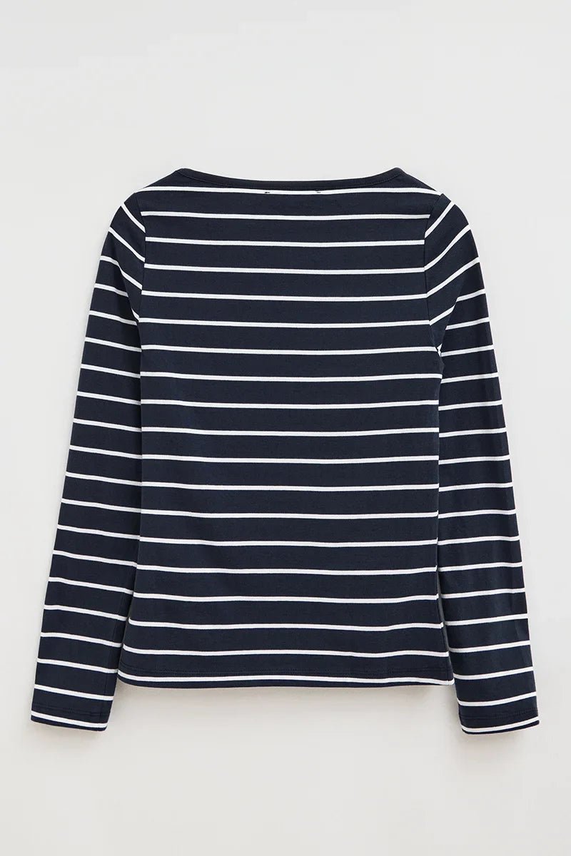 2026 New Arrival Striped T-shirt in navy blue and white with boat neck and Polo Club logo