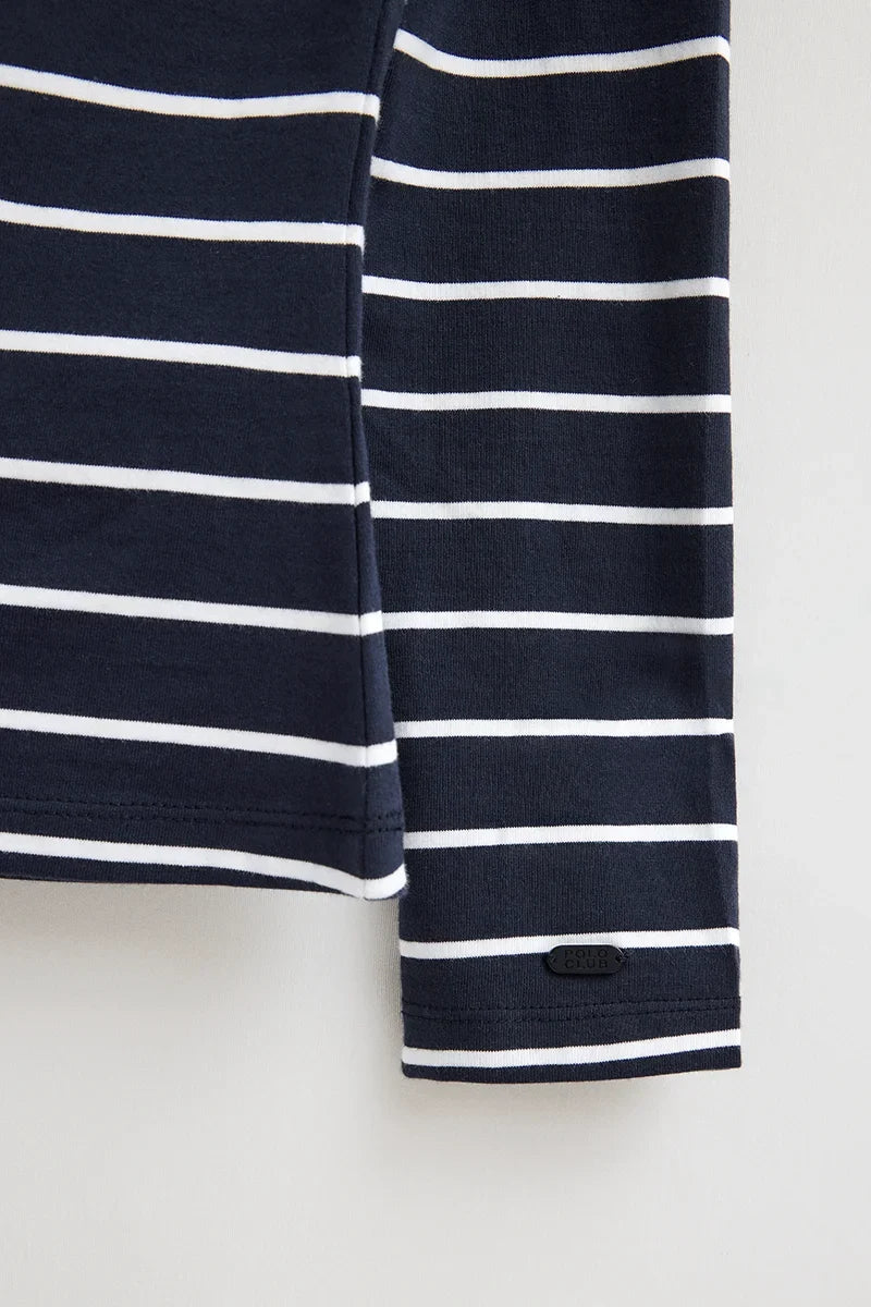 2026 New Arrival Striped T-shirt in navy blue and white with boat neck and Polo Club logo