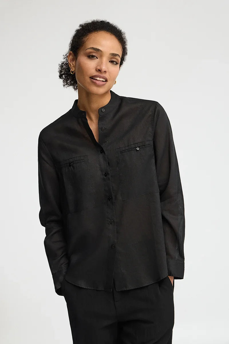 2026 New Arrival Black loose-fit ramie shirt with mandarin collar and Polo Club embroidery