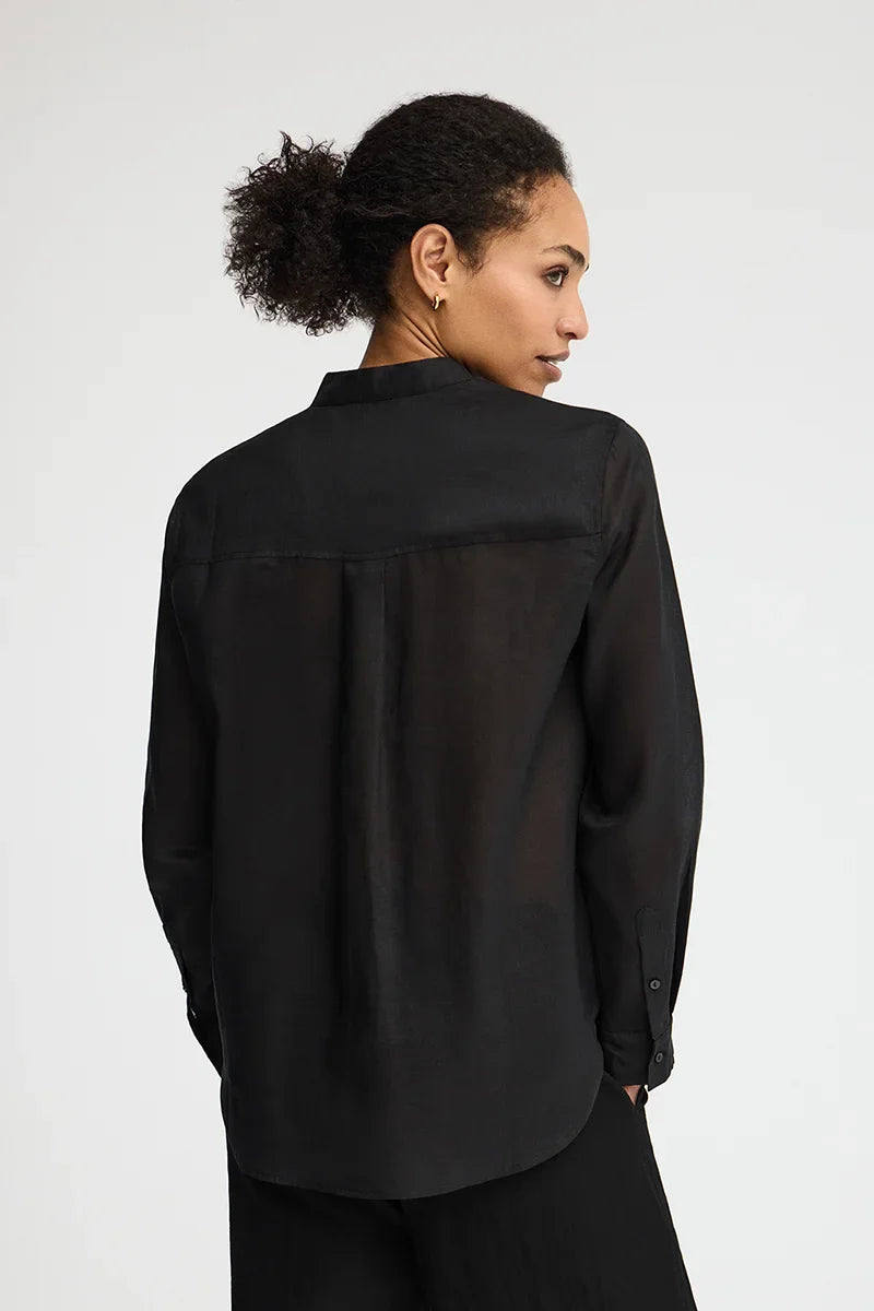 2026 New Arrival Black loose-fit ramie shirt with mandarin collar and Polo Club embroidery
