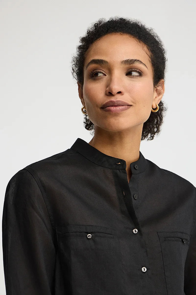 2026 New Arrival Black loose-fit ramie shirt with mandarin collar and Polo Club embroidery