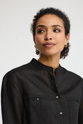 2026 New Arrival Black loose-fit ramie shirt with mandarin collar and Polo Club embroidery