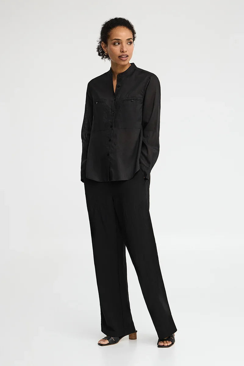 2026 New Arrival Black loose-fit ramie shirt with mandarin collar and Polo Club embroidery
