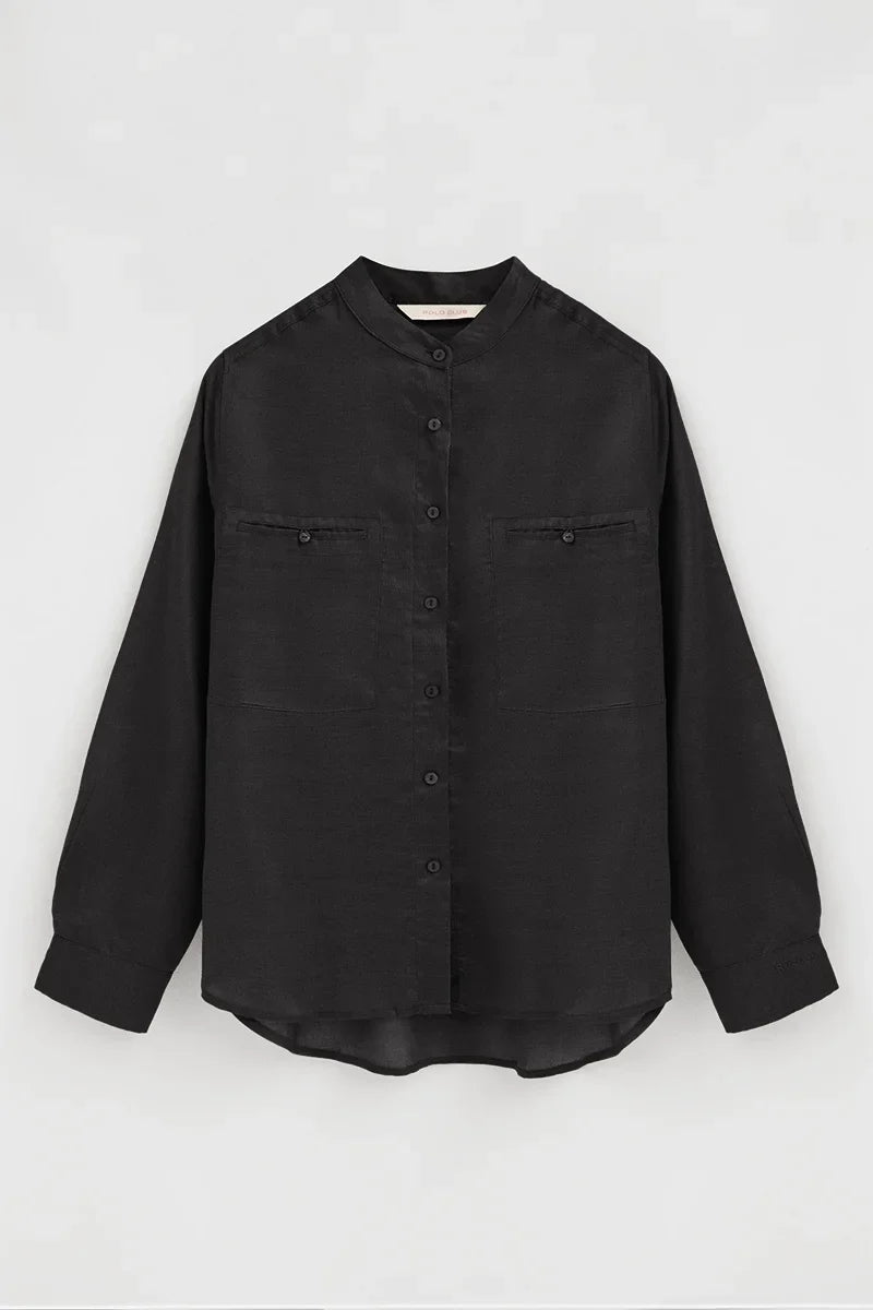 2026 New Arrival Black loose-fit ramie shirt with mandarin collar and Polo Club embroidery