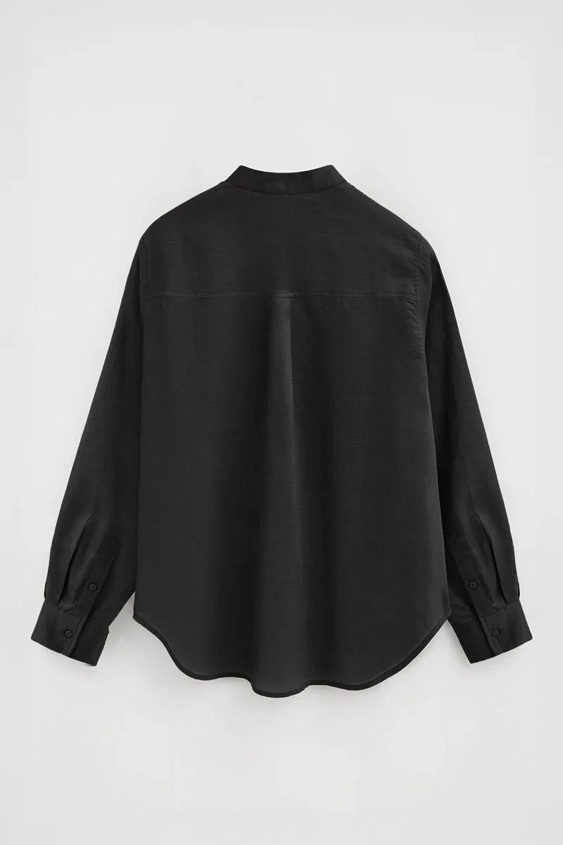 2026 New Arrival Black loose-fit ramie shirt with mandarin collar and Polo Club embroidery