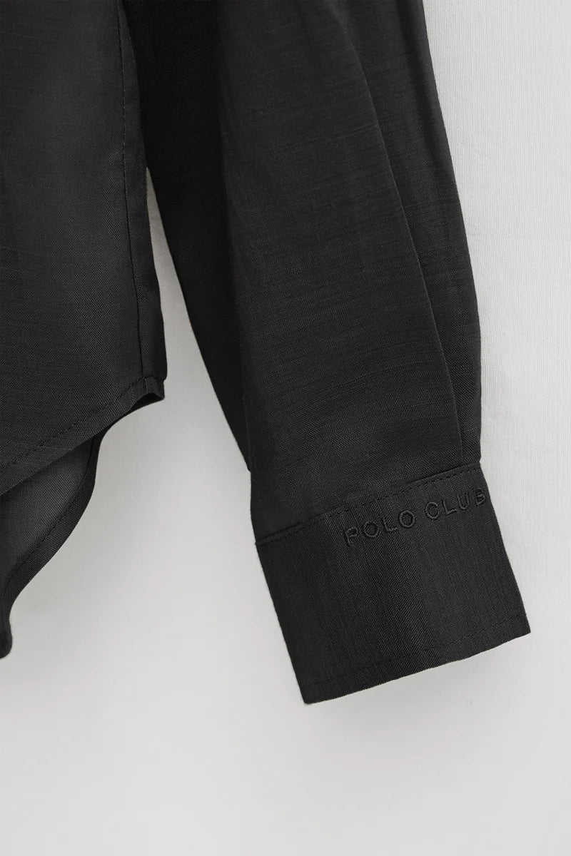 2026 New Arrival Black loose-fit ramie shirt with mandarin collar and Polo Club embroidery