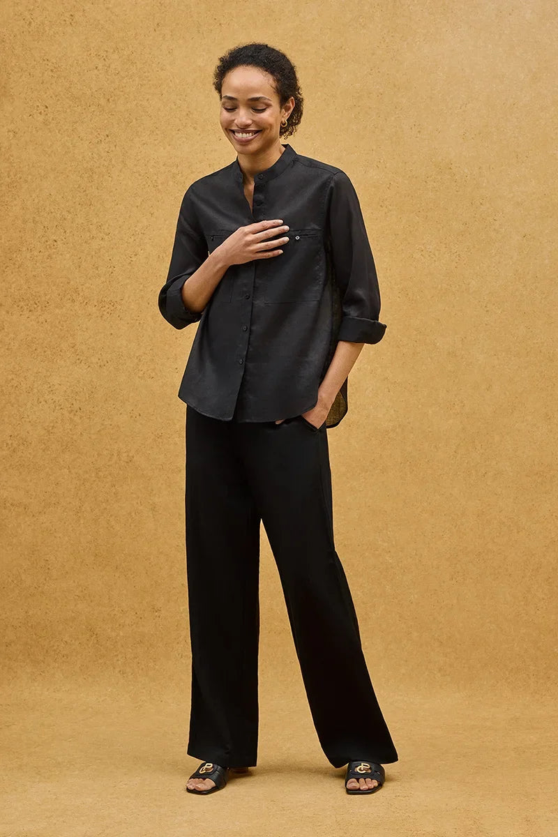 2026 New Arrival Black loose-fit ramie shirt with mandarin collar and Polo Club embroidery